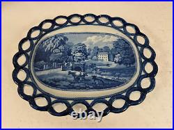 Vtg Possibly Antique Blue & White Transfer Porcelain Reticulated Oval Plate Tray