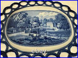 Vtg Possibly Antique Blue & White Transfer Porcelain Reticulated Oval Plate Tray