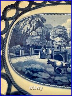 Vtg Possibly Antique Blue & White Transfer Porcelain Reticulated Oval Plate Tray
