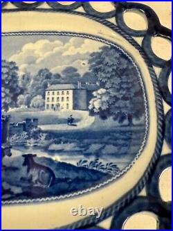 Vtg Possibly Antique Blue & White Transfer Porcelain Reticulated Oval Plate Tray