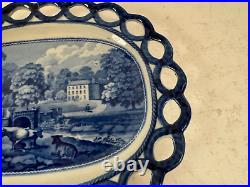 Vtg Possibly Antique Blue & White Transfer Porcelain Reticulated Oval Plate Tray