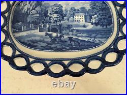 Vtg Possibly Antique Blue & White Transfer Porcelain Reticulated Oval Plate Tray