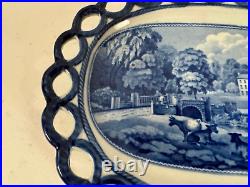 Vtg Possibly Antique Blue & White Transfer Porcelain Reticulated Oval Plate Tray