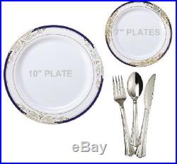 Wedding Party Disposable Plastic Plates & silverware, white / blue gold