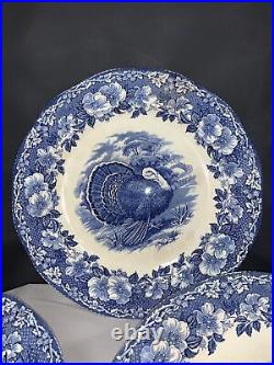 Wedgwood England Blue and White 11 Thanksgiving Turkey Dinner Plates x3