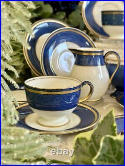 Wedgwood Swinburne Blue x Four Trios Teacups Saucers Cake Tea Plates Jug, Sugar